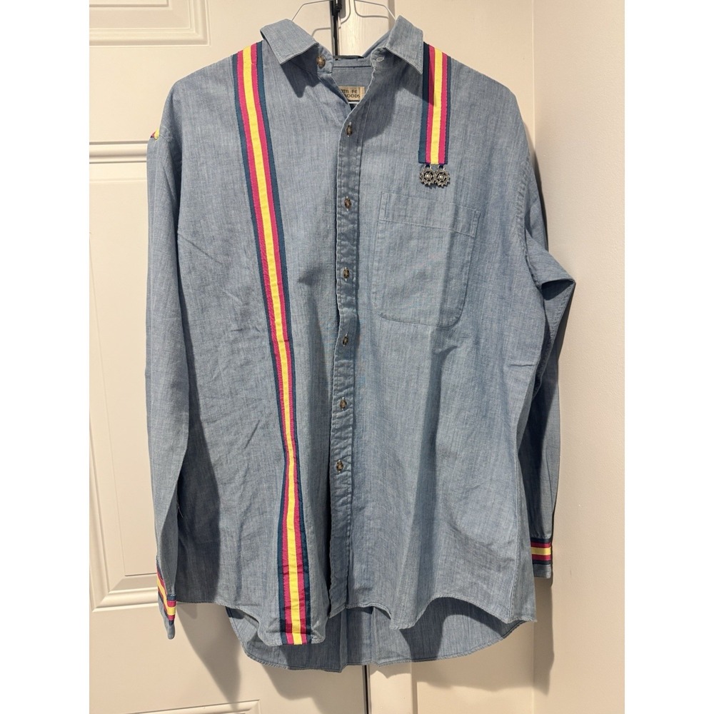 Vintage Santa Fe Dry Goods Chambray Western Shirt Adult L Ribbon Trim Conchos